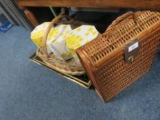 A quantity of sundries to include a wicker three bottle champagne basket