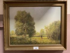 An oil on canvas depicting a woman in a flower meadow indistinctly signed