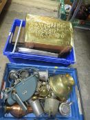 Two trays of assorted metal ware to include bowls, vases etc