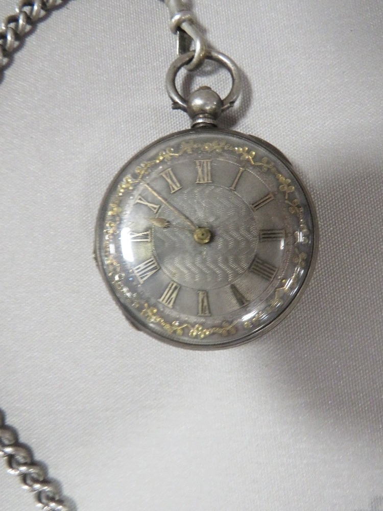 AN ANTIQUE SILVER POCKET WATCH ALBERT CHAIN AND WATCH - Image 3 of 3