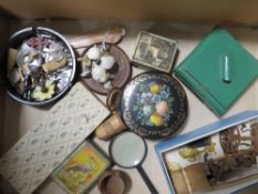 A mixed lot to include a Japanese trinket box, tins, treen items, old keys, jewellery, boxed set