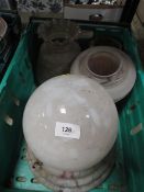 A tray of assorted glass light shades to include a Deco style mottled example