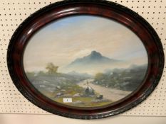 A Savage, An oval watercolour/gouache of a Dartmoor scene