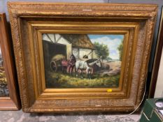 A contemporary oil on board depicting horses at harvest