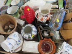 A tray of sundries to include a Portmeirion mantle clock, watches etc