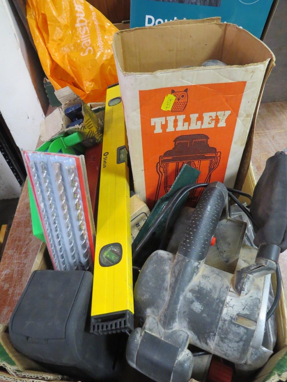 A tray of miscellaneous items to include a boxed Tilley lamp and selection of tools