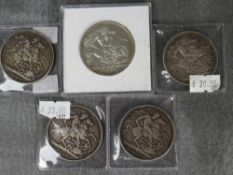 Victoria, jubilee head crowns, 1889 x 4 and 1890 (5)