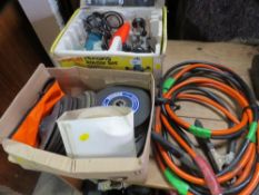 A boxed Bosch router, a boxed grinding wheel and a heavy duty set of jump leads