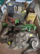 A tray of sundries to include animal figures, brass bell etc