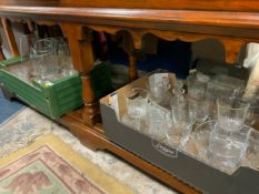 Two trays of assorted glassware to include vases, wine glasses etc