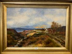 A 19th century extensive oil on canvas depicting a horse and cart in an open landscape