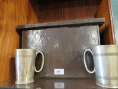 A vintage copper covered box with Art Nouveau design to lid with two metal cups