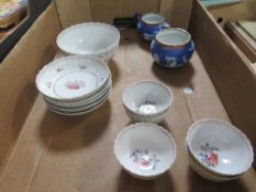 A hallmarked silver rimmed Wedgwood blue dipped cream and sugar bowl together with antique tea