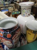 A tray of assorted ceramics to include an Oriental vase, treacle glazed style jug etc.