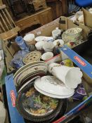 Two trays of assorted ceramics to include Wedgwood jasperware and collectors plates