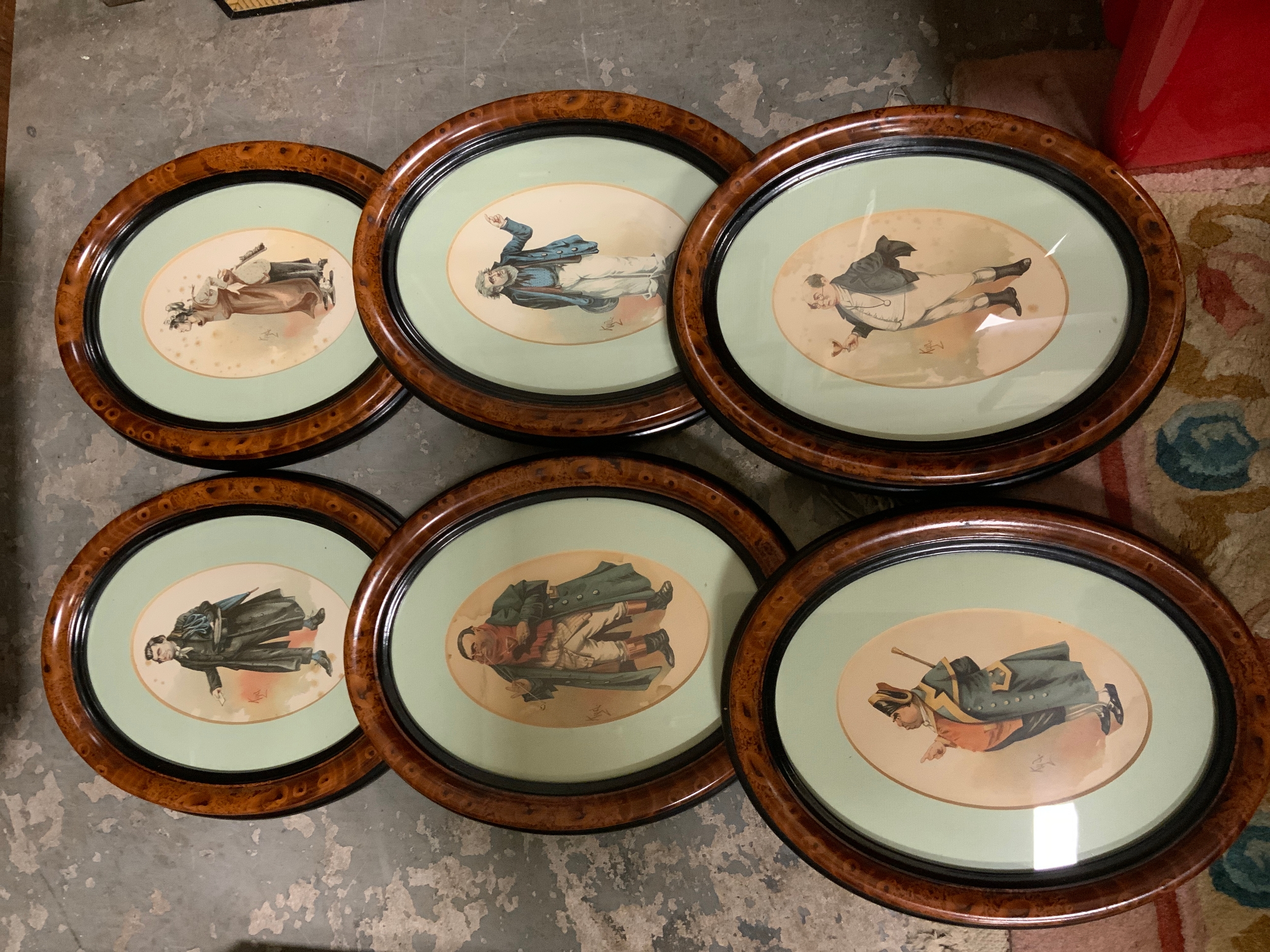 A collection of six framed oval KYD prints together with a David Shepherd dog print, etc.