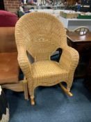 A modern wicker rocking chair