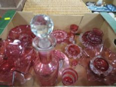 A tray of assorted cranberry glass etc