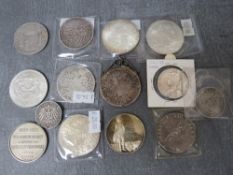 Various world medals and restrike coins etc., to include 5 Maria Thalers, a Prussia 1895 5 mark,