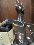 A pair of West African tribal art Senufo Ivory Coast carved painted birds and a Congo Lengola tribal