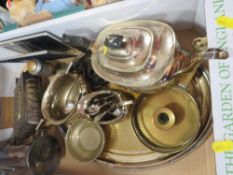 A tray of assorted metal ware to include a three piece silver plated tea-service on tray