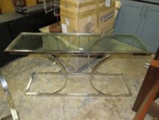A large modern chrome and glass console table W 150 cm
