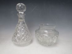 A WATERFORD CRYSTAL DECANTER, H 26 cm, together with a Waterford crystal squat vase (2)