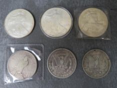 US silver dollars 1889 x 2 and 1922, along with silver 1oz rounds 2000, 2001 and 2013 (6)