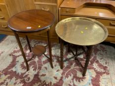 An Edwardian mahogany inlaid circular occasional table together with a brass top table