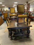 A quality oak heavy draw leaf dining table together with six chairs to include one carver