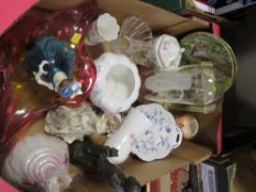 A tray of ceramics and glass to include a Royal Doulton figurine