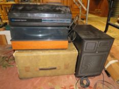 A selection of vintage record players and speakers