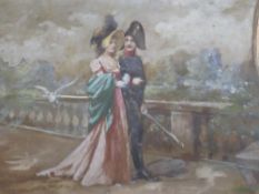 A 19th century mixed media on linen ornamental garden scene with figures etc