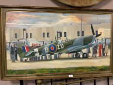 Robert Ormesher - A oil on canvas depicting a spitfire with figures