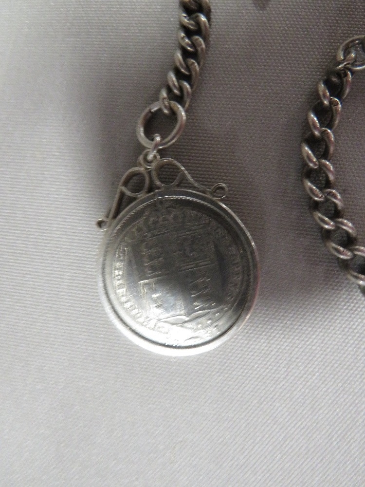 AN ANTIQUE SILVER POCKET WATCH ALBERT CHAIN AND WATCH - Image 2 of 3