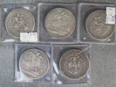 George III and IV crowns, 1819 x 2, 1820, 1821 and 1822 (5)