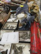 A tray of sundries to include Royal Hampshire metal figures, telephone etc