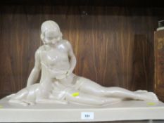 A LARGE CERAMIC ART DECO STYLE SEMI-NUDE TABLEAU FIGURE INDISTINCTLY STAMPED TO THE RIGHT F MANREAU