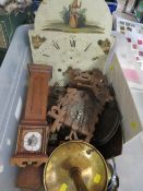 A tray of clocks and sundries to include a long case clock dial A/F