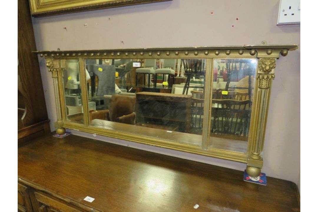 An antique gilt over mantel mirror with lion head masks W 135 cm - Image 1 of 3