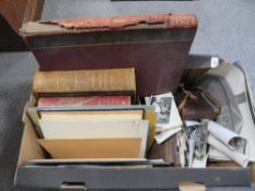 A tray of sundries to include a book of stamps, antique books etc