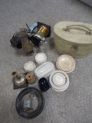 A 19th century camera lens with cover by Squire & Co London, vanity case, round picture frame,