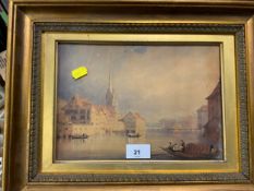 A 19th century watercolour depicting a Continental town river scene