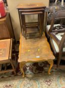 A walnut reproduction coffee table, and a mahogany nest of reproduction tables