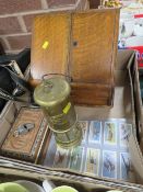 A tray of collectables to include a miners lamp, vintage whistle and stationary box etc