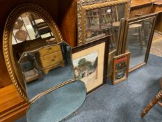 A quantity of mirrors and pictures to include Deco examples, small Martini pub mirror etc.