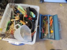 A box of garden tools with a metal toolbox and contents