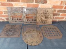 A selection of laser cut sheet metal plaques relating to Armistice 'Lest We Forget' etc