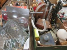 Two trays of assorted metalware and glass etc together with a projector