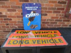 An Oreo ice cream shop sign together with five unused aluminium 'Long Vehicle' signs